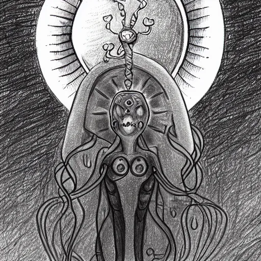 Image similar to a drawing of a person with a sun above them, an illustration of by h. p. lovecraft, deviantart, samikshavad, lovecraftian, logo, wiccan
