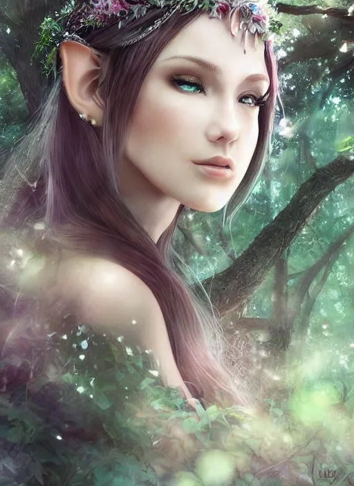 Image similar to beatiful ethereal elf princess in an enchanted forest, 3/4 side view, hair jewellery, fully clothed, light mist, light rays sieving through the trees, shallow depth of field, focus on the face, coherent composition, no watermark, by Yuumei, by Artgerm, by WLOP