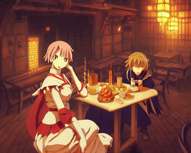 Image similar to anime visual, portrait of a young female in a busy fantasy medieval tavern interior at night, cute face by yoh yoshinari, murata range, last exile, blue submarine no 6, dynamic pose, dynamic perspective, detailed silhouette, seven deadly sins anime, anime cels, 1 9 9 0 s, flat lighting, rounded eyes