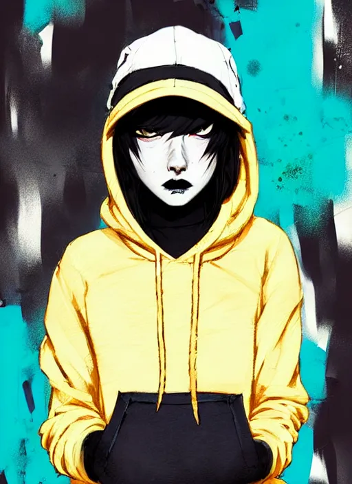 Prompt: highly detailed portrait of a street punk lady student, blue eyes, hoodie, hat, white hair by atey ghailan, by greg rutkowski, by greg tocchini, by james gilleard, by joe fenton, by kaethe butcher, gradient yellow, black, brown and cyan blue color scheme, grunge aesthetic!!! ( ( graffiti tag wall background ) )