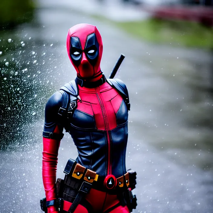 Image similar to fully body pose, photo of a very beautiful!! victoria secret model, female deadpool, wet hair, raining, 8 k, hdr, smooth, sharp focus, high resolution, award - winning photo, trending on artstation, dslr, 5 0 mm