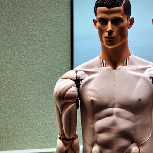 Image similar to a realistic detailed photo of a guy who is an attractive humanoid who is half robot and half humanoid, who is a male android, soccer player cristiano ronaldo, shiny skin, posing like a statue, blank stare, by the pool, on display, showing off his muscles, humanoid robot, mannequin challenge