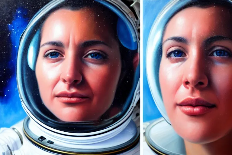 Image similar to ( ( a beautiful 8 k photorealistic masterpiece oil - painting ) ( close up ) and ( zoom out ) ( of ( sanna marin in a space suit ) ( confident world leader ( stoic ) ) ) ( hyperrealism ) ( 1 6 k ) ( trending on artstation )