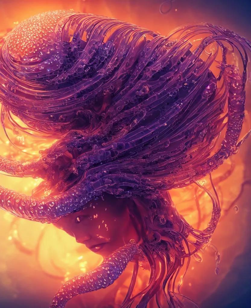 Image similar to close-up macro portrait of the face of a beautiful princess, epic angle and pose, symmetrical artwork, 3d with depth of field, blurred background, cybernetic jellyfish female face skull phoenix bird, translucent, nautilus, energy flows of water and fire. a highly detailed epic cinematic concept art CG render. made in Maya, Blender and Photoshop, octane render, excellent composition, cinematic dystopian brutalist atmosphere, dynamic dramatic cinematic lighting, aesthetic, very inspirational, arthouse. y Greg Rutkowski, Ilya Kuvshinov, WLOP, Stanley Artgerm Lau, Ruan Jia and Fenghua Zhong