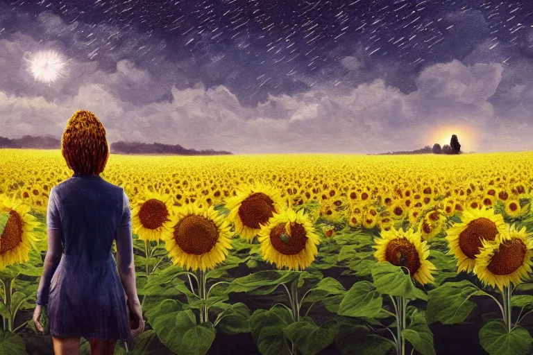 Prompt: huge sunflower head, girl walking in wheat field, hills, surreal photography, dark night, star trails, dramatic light, impressionist painting, clouds, digital painting, artstation, simon stalenhag