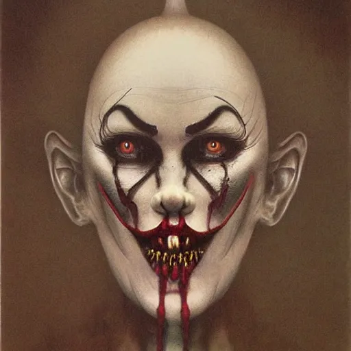 Image similar to evil beautiful female clown by Beksinski