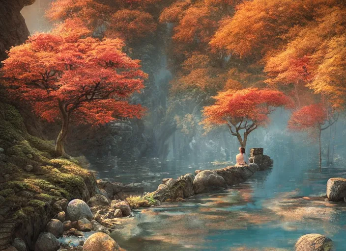 Image similar to environmental portrait of princess at a japanese mountain onsen at golden hour, autumn colour oak trees, Concept art by Jorge jacinto, masterpiece, highly detailed and ultra realistic, trending on artstation