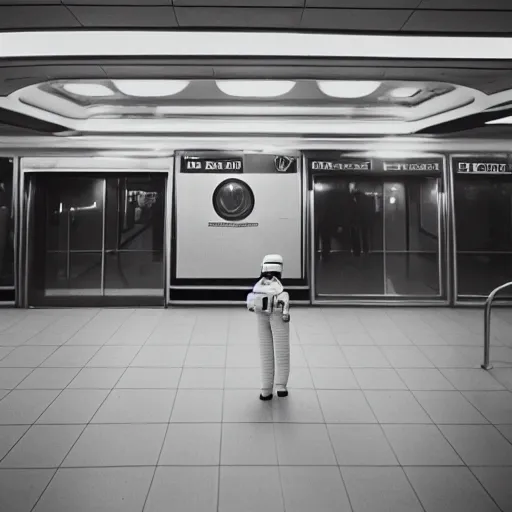 Image similar to a beautiful photo of an astronaut waiting in a subway, 1970', soft light, morning light, photorealistic, realistic, octane, 8k, cinematic shot