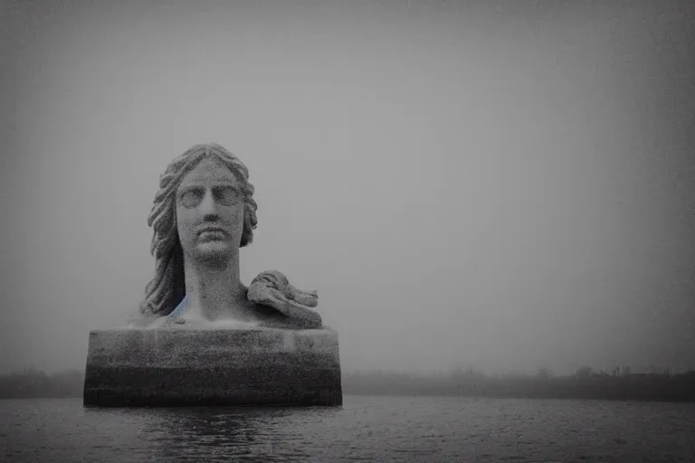 Prompt: a small boat near a masterpiece head of a giant statue of a beautiful! antic goddess with long hair, scuplted by MichelAngelo, partly sunken! in the lake!, important mist, lomography photo effect, monochrome, noise grain film, cl, surface view
