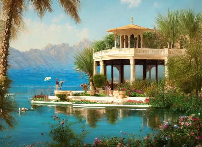 Prompt: A beautiful ultra-detailed painting of a garden villa with a lake in the middle of the arabic desert with a blue sky by Ludwig Deutsch, Trending on Artstation