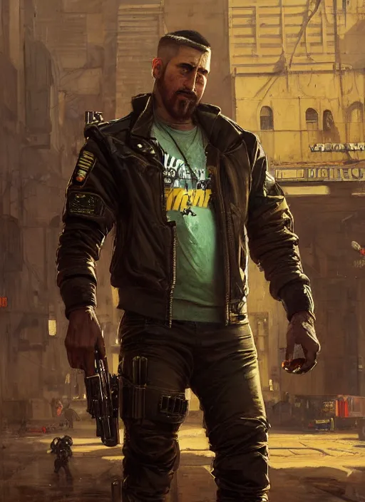 Image similar to big mike. cyberpunk Thug wearing a military vest and combat gear. (Cyberpunk 2077, bladerunner 2049). Round face. Iranian orientalist portrait by john william waterhouse and Edwin Longsden Long and Theodore Ralli and Nasreddine Dinet, oil on canvas. Cinematic, hyper realism, realistic proportions, dramatic lighting, high detail 4k