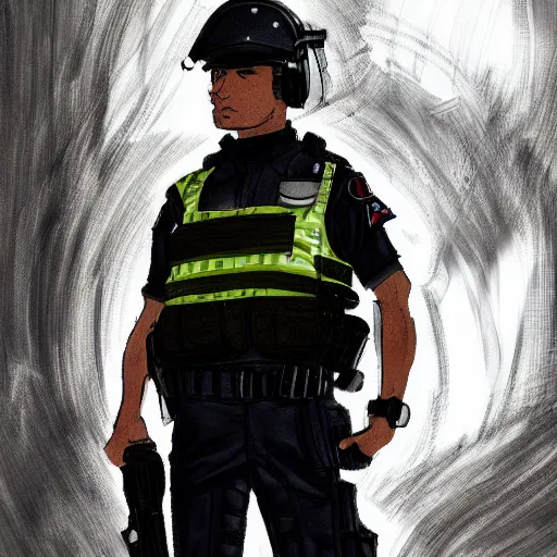 Image similar to A British police officer in London, wearing hivis and and a custodian helmet, anime art style, highly detailed, ambient lighting, trending on art station