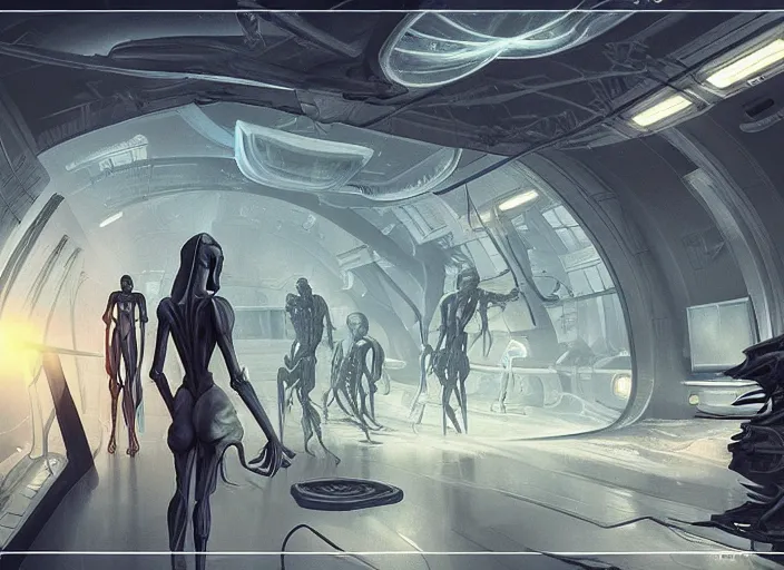 Image similar to science fiction laboratory with a muscular demon woman alien specimen with long boney limbs breaking out of its chamber in the style of ralph mcquarrie and glenn fabry, futuristic, tentacles and bones, transparent carapace, god rays, flooded station, artstation, cinematic lighting, foggy