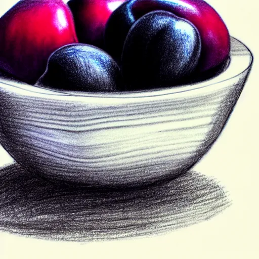 Image similar to drawing of a single thick porcelain bowl filled with a few moist freshly picked plums on a wooden table. volumetric lighting. drawing. small scale. artistic. trending on artstation.