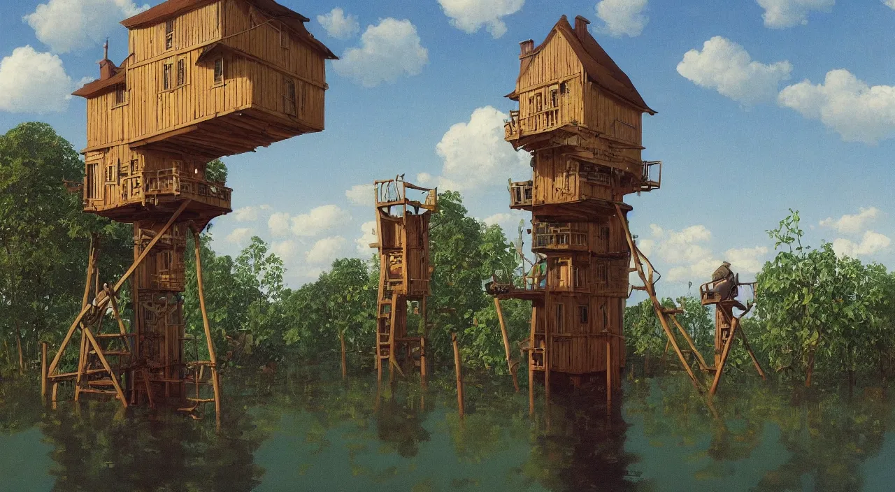 Prompt: single flooded simple wooden bush tower, very coherent and colorful high contrast!! masterpiece by rene magritte simon stalenhag carl spitzweg syd mead norman rockwell edward hopper james gilleard, minimalist, dark shadows, sunny day, hard lighting