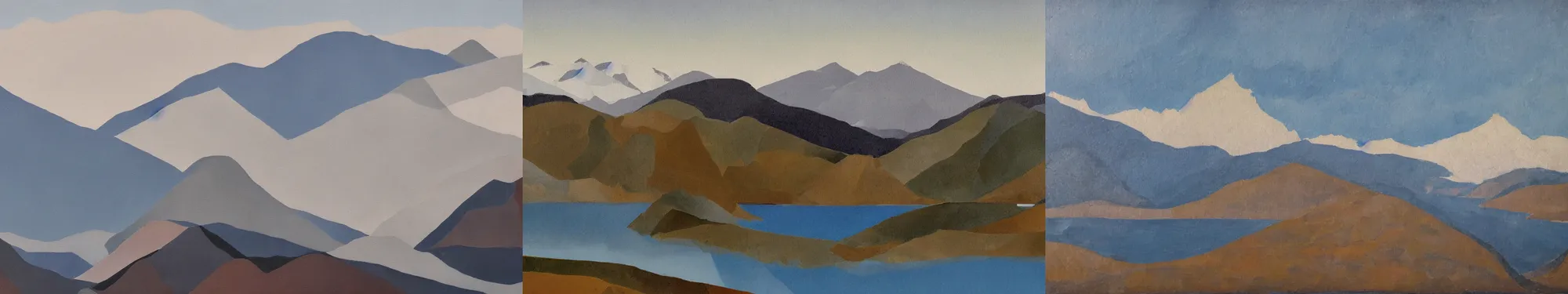 Prompt: lakeside mountains, as a constructivist painting