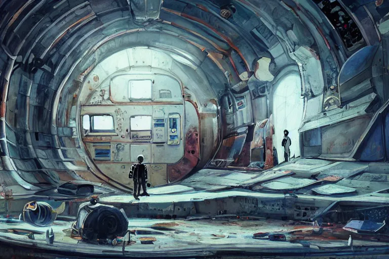 Prompt: A beautiful painting of inside in abandoned rusty space station from kindzadza, Trending on artstation, single astronaut standing and looking on camera