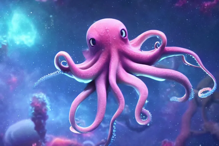 Prompt: a cute octopus, swimming in space, nebula background, soft, dreamlike, artstation, 8 k, makoto shinkai, octane render, very detailed