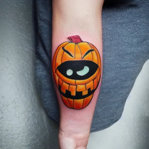 Image similar to cartoon tattoo of an angry pumpkin with glowing eyes