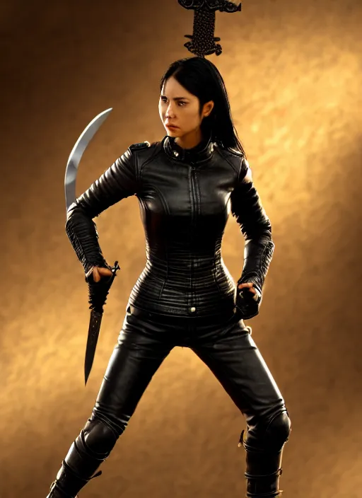 Image similar to black haired woman in a leather jacket, a sword fight, action pose, movie scene, highly detailed, intricate, face enhance, long sharp intricate sword, trending on artstation, action pose