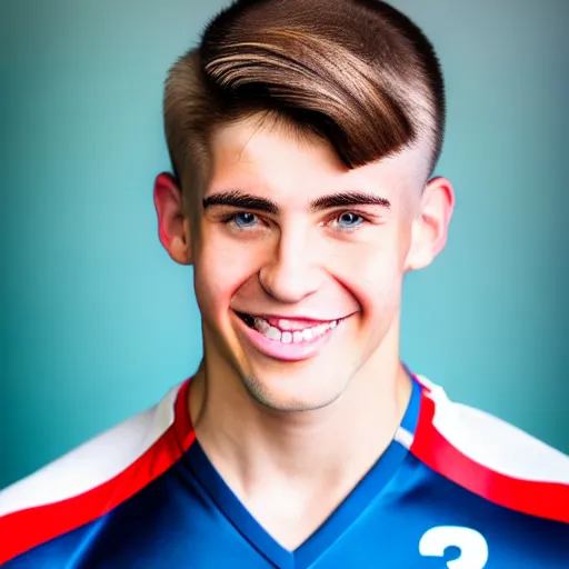 Prompt: a photographic portrait of a young Caucasian man smiling with short brown hair that sticks up in the front, blue eyes, groomed eyebrows, tapered hairline, sharp jawline, wearing a volleyball jersey, sigma 85mm f/1.4, 15mm, 35mm, 4k, high resolution, 4k, 8k, hd, highly detailed, full color, Kodak Kodachrome Film