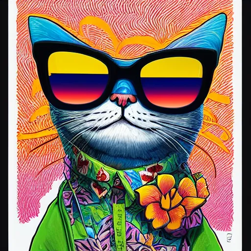Prompt: portrait of a cat with sunglasses wearing an hawaiian shirt, by louis wain, simon stalenhag, trending on artstation