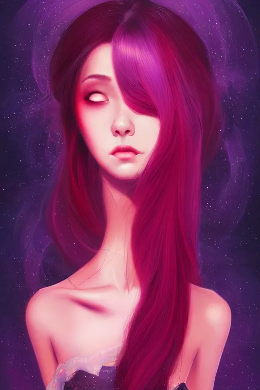 Prompt: centered detailed portrait of a beautiful intimate woman with long purple cosmic hair and a beautiful red dress, by ilya kuvshinov and ross tran