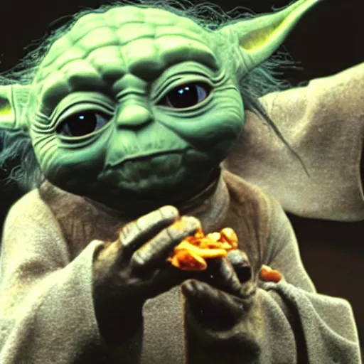 Prompt: A still of Yoda eating pabellón, 4k, photograph, ultra realistic, highly detailed, professional lighting