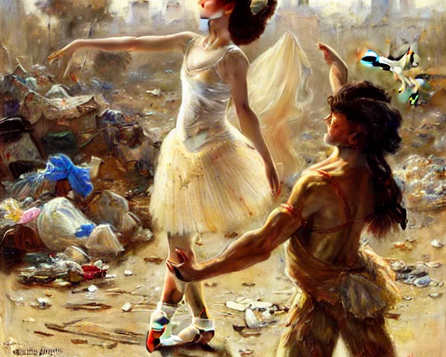 Image similar to a ballerina dancing at a rubbish dump. highly detailed painting by gaston bussiere, craig mullins, j. c. leyendecker 8 k