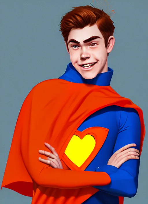 Image similar to friendly teenage archie andrews wearing an orange superhero costume with heart logo, heart, freckles, blue cape, heart emblem on chest, blue cape, intricate, elegant, glowing lights, highly detailed, digital painting, artstation, sharp focus, illustration, art by wlop, mars ravelo and greg rutkowski