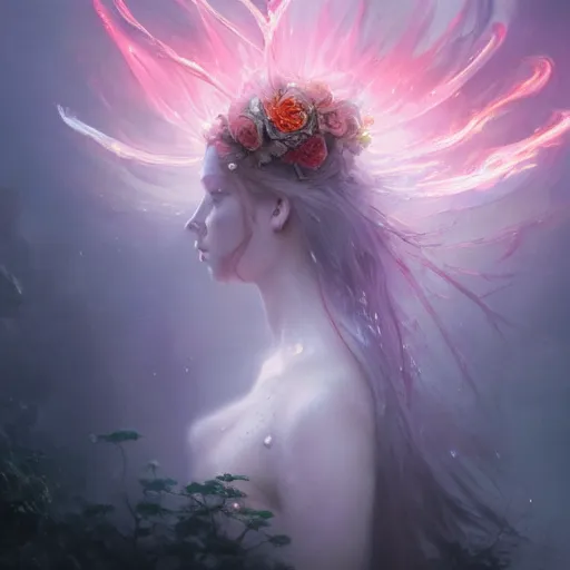 Image similar to cinematic shot epic portrait an flower goddess, glowing eyes, sweaty skin, wet pink flowing hair, flower blurry backround, broad light, ambient occlusion, volumetric light effect, made by ivan aivazovsky, peter mohrbacher, greg rutkowski, matte painting, trending on artstation, 4 k, perfectly defined features, digital painting,