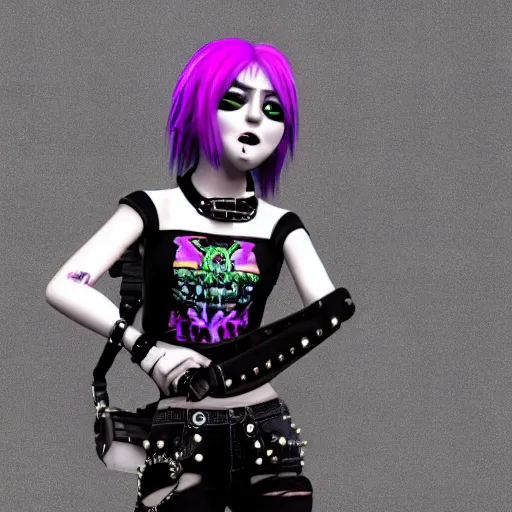 Prompt: high detail unreal engine render of a punk woman in a cropped t - shirt and studded arm bands and a studded belt and ripped black jeans with purple emo hair screaming into a microphone in pixar style 4 k