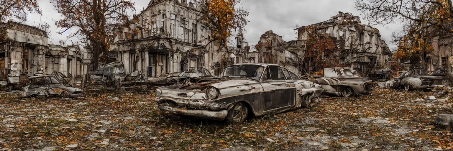 Image similar to low wide angle shot of dilapidated fallout 5 europa, retro futuristic overgrown euro rural town, decrepit shopping street, dilapidated european houses, few rusted retro futuristic vintage parked vehicles like cars, volumetric lighting, photorealistic, daytime, autumn, cold sunny weather, sharp focus, ultra detailed, 4 2 0 0 k