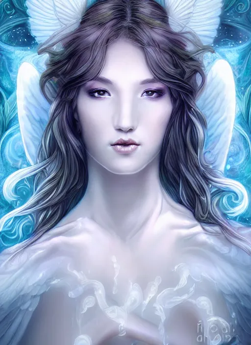Prompt: sexy ethereal white seraphim portrait art nouveau fantasy renascence elegant highly detailed sharp focus art by artgerm pours the water into the river soul care nature peace galaxies female black fine line fractal glow