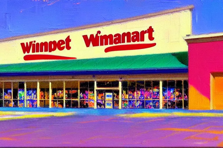 Prompt: impressionist brushstrokes!!!! lisa frank and and richard schmid and jeremy lipking victorian loose genre loose painting of a walmart store