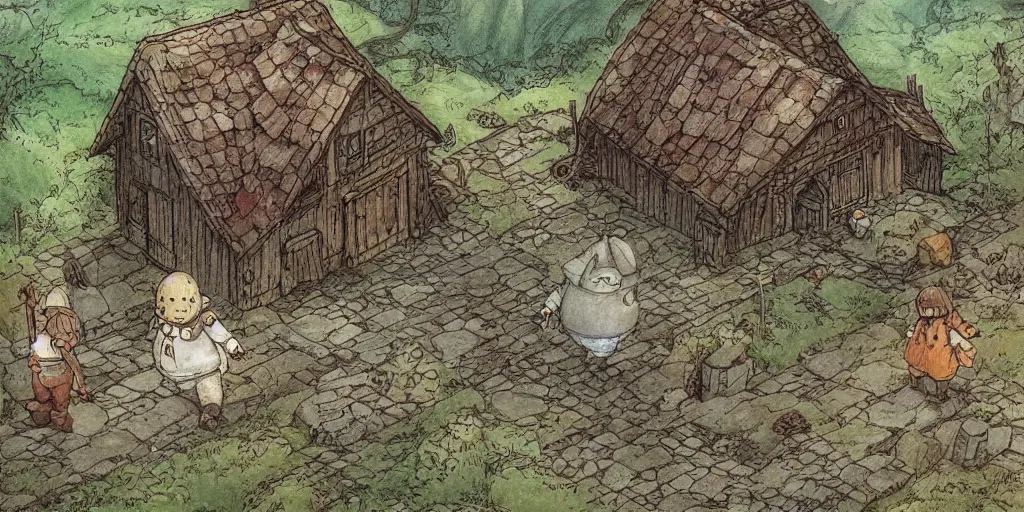 Image similar to house, barn, golem. fable haven by hayao miyazaki : : house, barn, golem