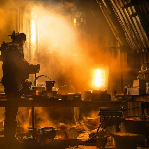 Image similar to cyborg toaster oven repairman, dark messy smoke - filled cluttered workshop, dark, dramatic lighting, orange tint, sparks, plasma rays, cinematic, highly detailed, sci - fi, futuristic, movie still