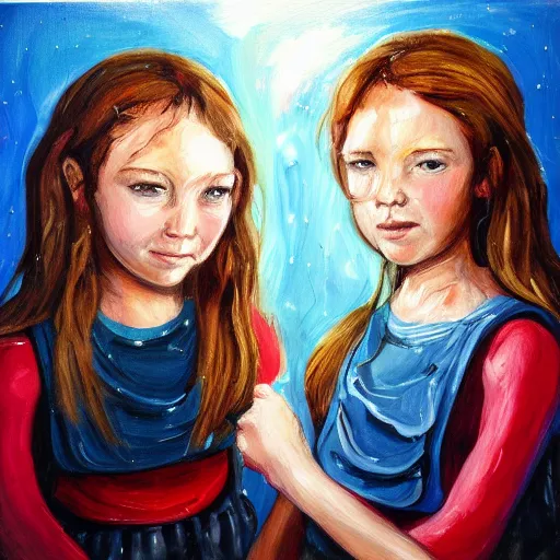 Image similar to a messy painting of twin sisters. Wendy and Susannah Melvin.Trending on ArtStation