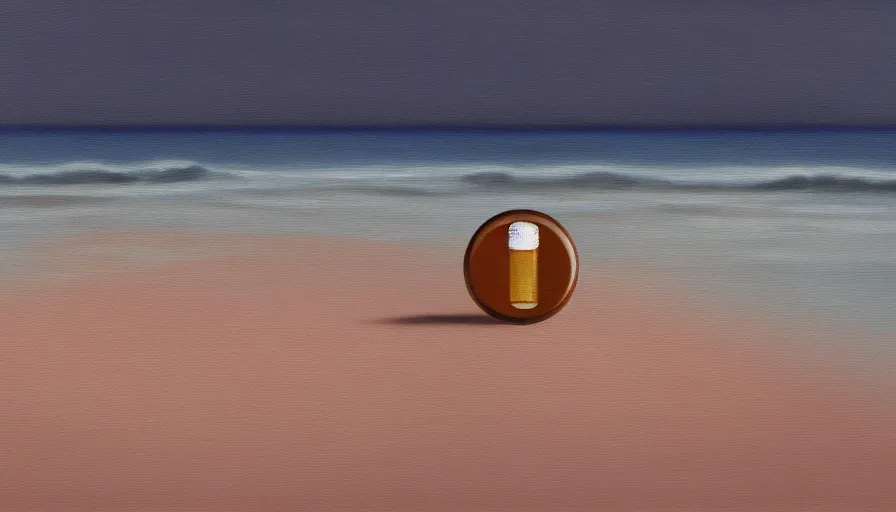 Image similar to an oil painting of an antibiotic pill at the beach, illustration, cinematic lighting, establishing shot