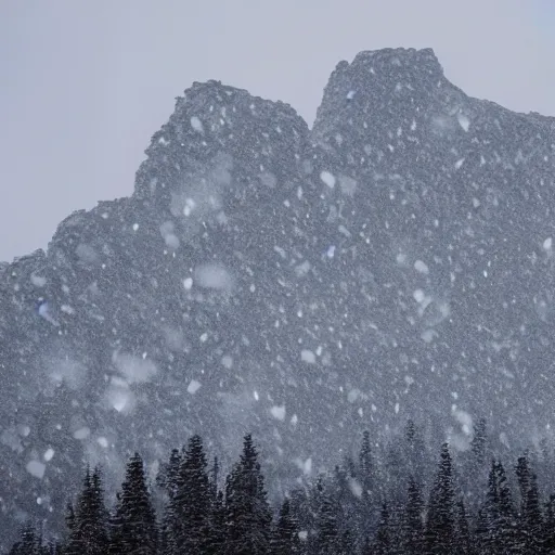 Image similar to a monolithic mountain in a taiga. overcast sky, snowing.