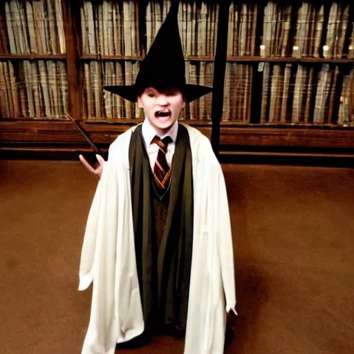 Image similar to student from harry potter wearing the sorting hat terrified