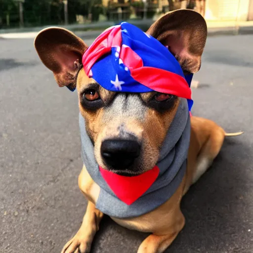 Prompt: bust of a tan dog with red bandanna and a blue shirt and grey eyes