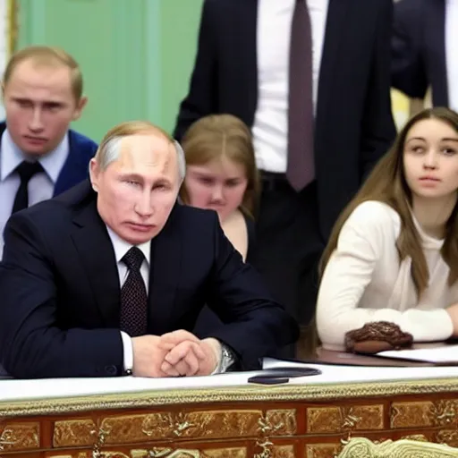 Image similar to putin teams up with a teenage putin, perfect faces