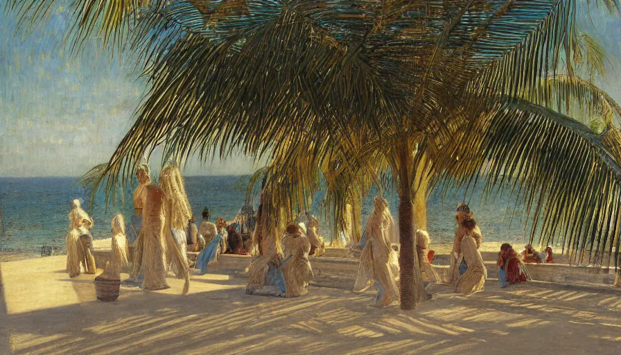 Image similar to a ultradetailed beautiful painting of the amazonas palace balustrade designed by jules bastien - lepage, hans belmer, frank weston and gustave baumann, beach, trending on artstation, mediterranean, palm trees, refracted color sparkles, sharp focus, soft light, 8 k 4 k