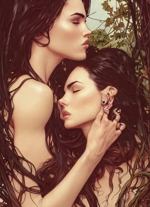 Image similar to megan fox kissing olivia wild. beautiful detailed face. by artgerm and greg rutkowski and alphonse mucha