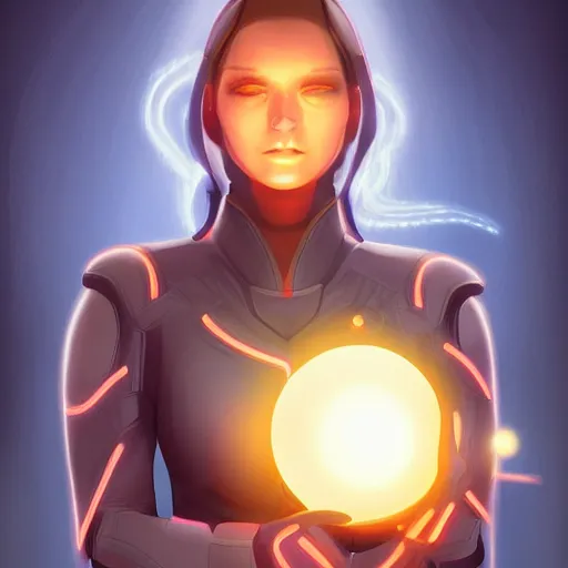 Prompt: a woman in a futuristic suit holding a glowing ball, a character portrait by Bernardino Mei, deviantart contest winner, digital art, digital painting, speedpainting, futuristic