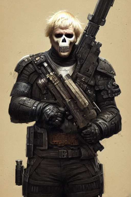 Image similar to Boris Johnson as Punisher, portrait, skull on the armor plate, highly detailed, digital painting, artstation, concept art, smooth, sharp focus, illustration, cinematic lighting, art by artgerm and greg rutkowski and alphonse mucha