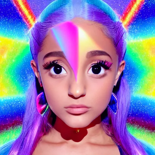 Prompt: 35mm macro shot portrait of an extremely cute and adorable Prismatic Spectrum Cosmic Magical Girl Ariana Grande from the Rainbow Sky Paradise playing Dance Dance Revolution at Eurovision and Tomorrowland, , large wide-set piercing eyes, smirk, ambient occlusion, DAZ, cinematic lighting, 3D render, unreal engine 5, professional graflex photograph by artgerm