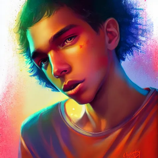 Image similar to colorful and festive captivating teenager with straight brown hair covering his eye, dark skin, big lips, big eyes, wearing a red t - shirt. rich vivid colors, ambient lighting, dynamic lighting, 4 k, atmospheric lighting, painted, intricate, highly detailed by charlie bowater