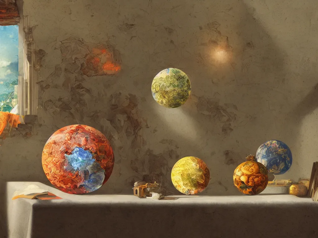 Image similar to 3 d render, sunlight study, the universe is a spheroid region 7 0 5 meters in diameter, art nouveau, by cornelis de heem and ( ( ( ( ( lisa frank ) ) ) ) ), 8 k, sharp focus, octane render